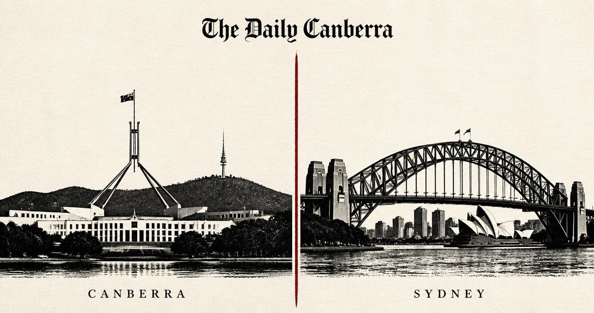 Editorial split illustration: Kuwait City on the left and Sydney on the right